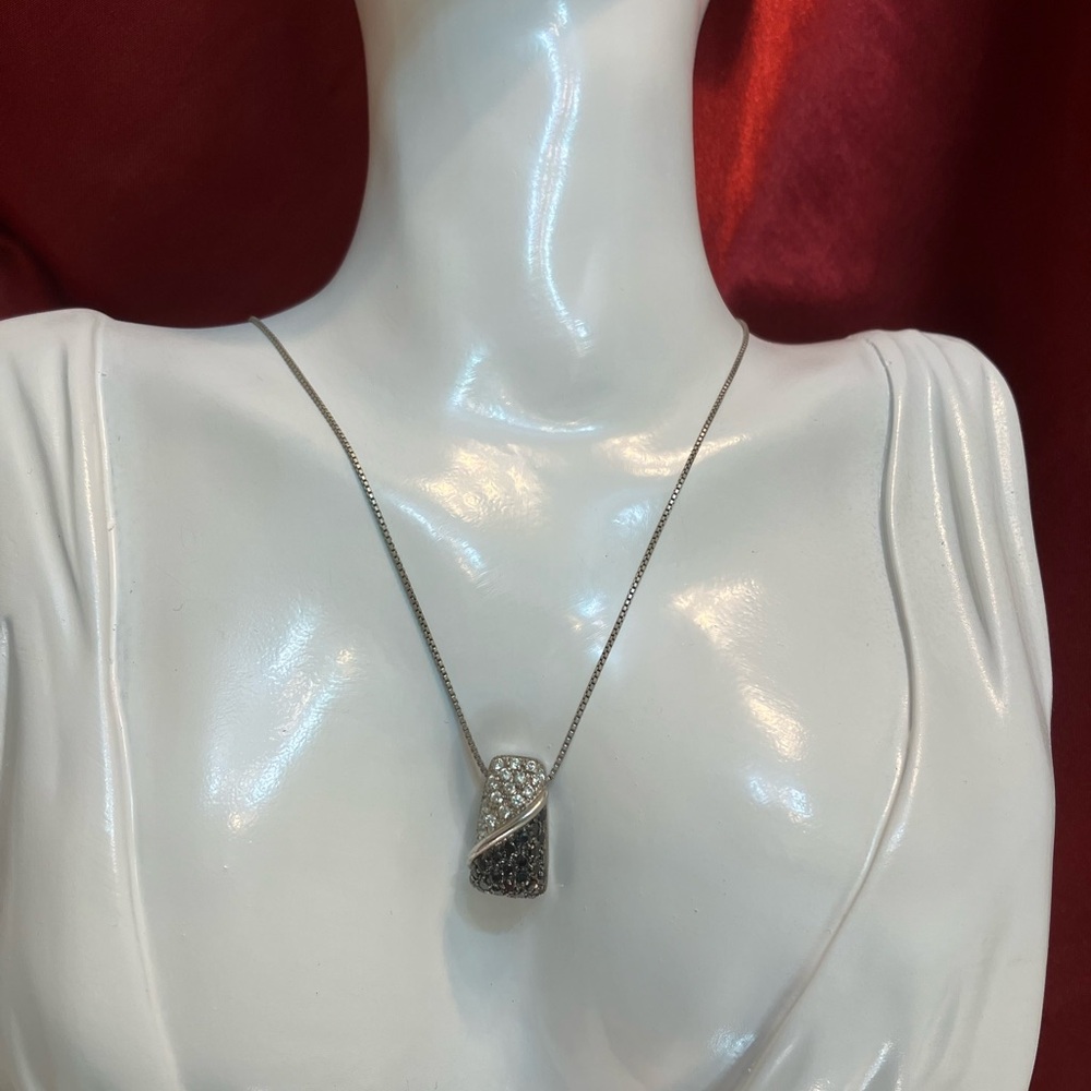 Sterling Silver Necklace 925 Serpentine Chain Black & Clear Stones 18"